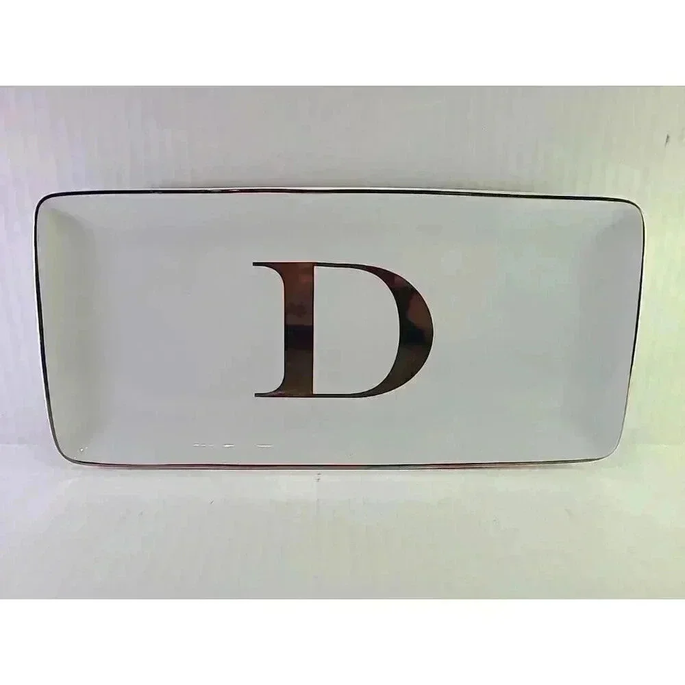 Williams Sonoma Small Serving Tray Platter Gold White Letter D Monogrammed